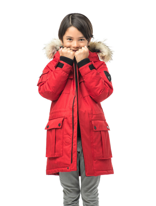 Kid's knee length parka with magnetized closure in CH Red + CH Red