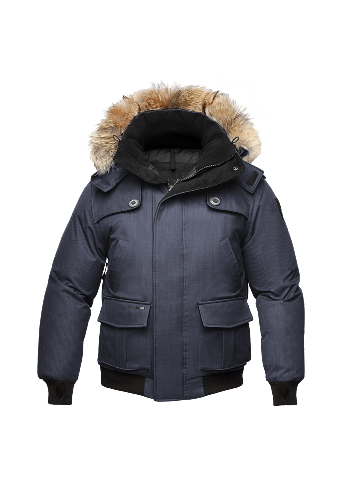 Kid's waist length down bomber jacket with fur trim hood in Navy