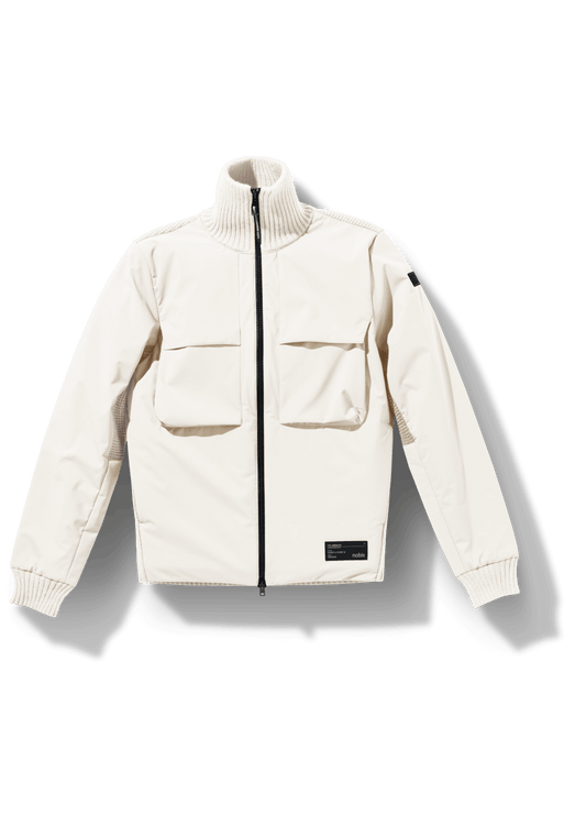 Layton Men's Tactical Hybrid Sweater in hip length, Primaloft Gold Insulation Active+, Merion wool knit collar, sleeves, back, and cuffs, two-way front zipper, and pockets at chest and waist, in Chalk + Chalk