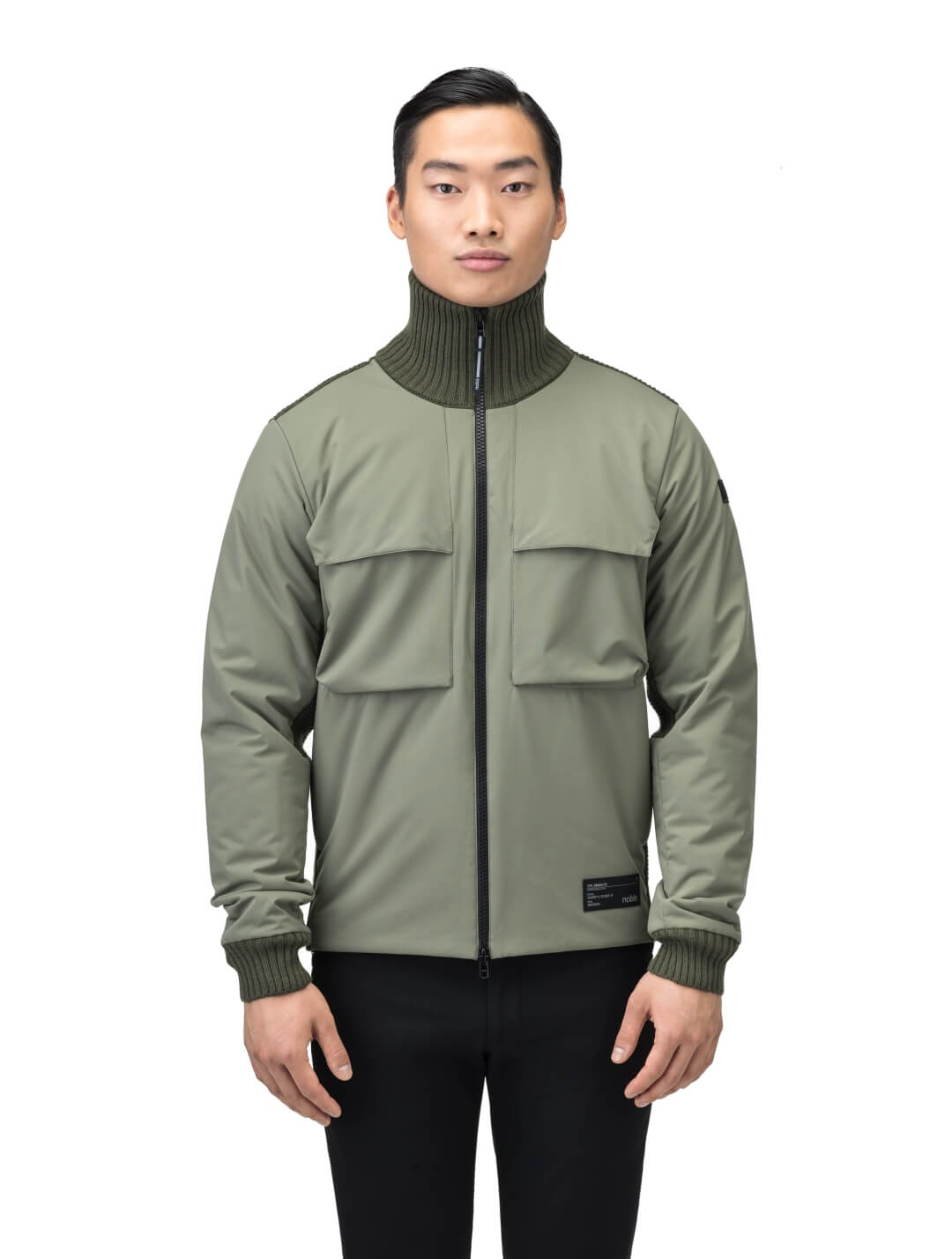 Layton Men's Tactical Hybrid Sweater in hip length, Primaloft Gold Insulation Active+, Merion wool knit collar, sleeves, back, and cuffs, two-way front zipper, and pockets at chest and waist, in Clover