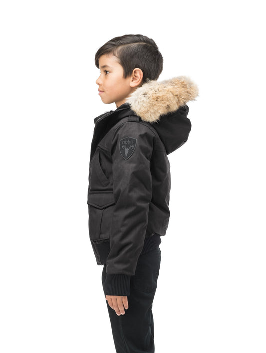 Kid's waist length down bomber jacket with fur trim hood in CH Black + CH Black