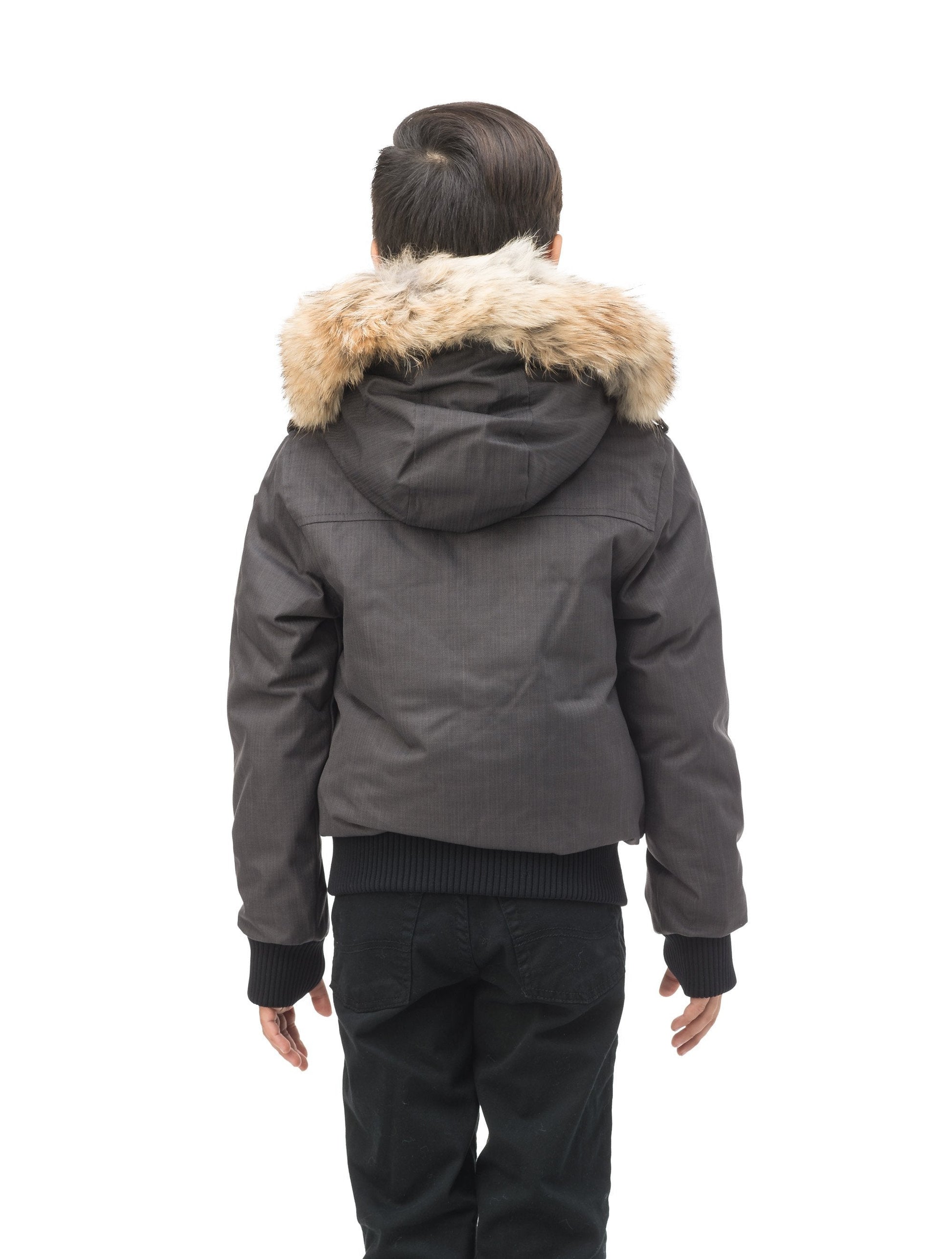 Kid's waist length down bomber jacket with fur trim hood in CH Steel Grey