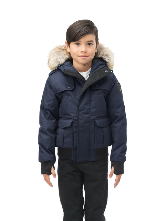 Kid's waist length down bomber jacket with fur trim hood in CH Navy + CH Navy