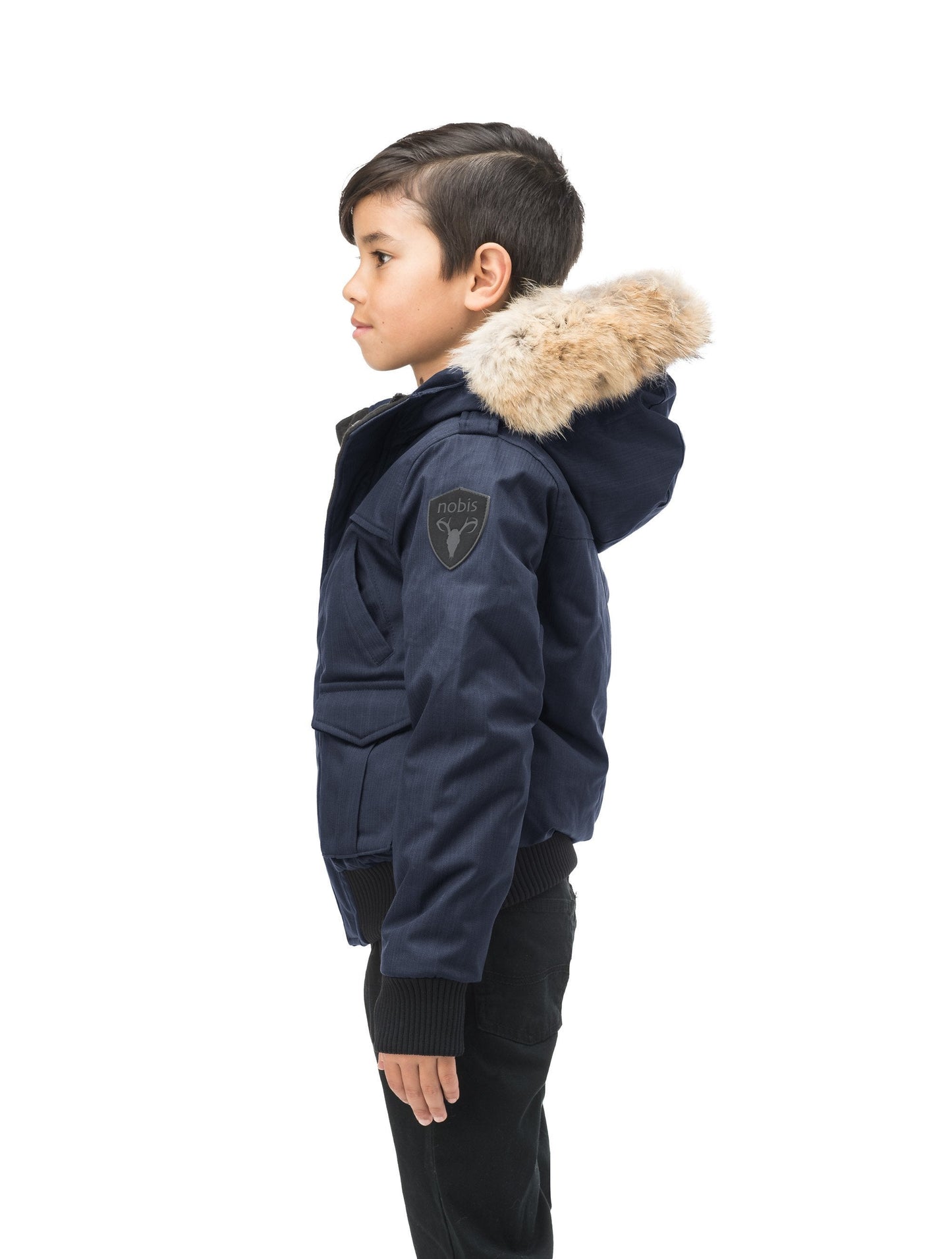 Kid's waist length down bomber jacket with fur trim hood in CH Navy