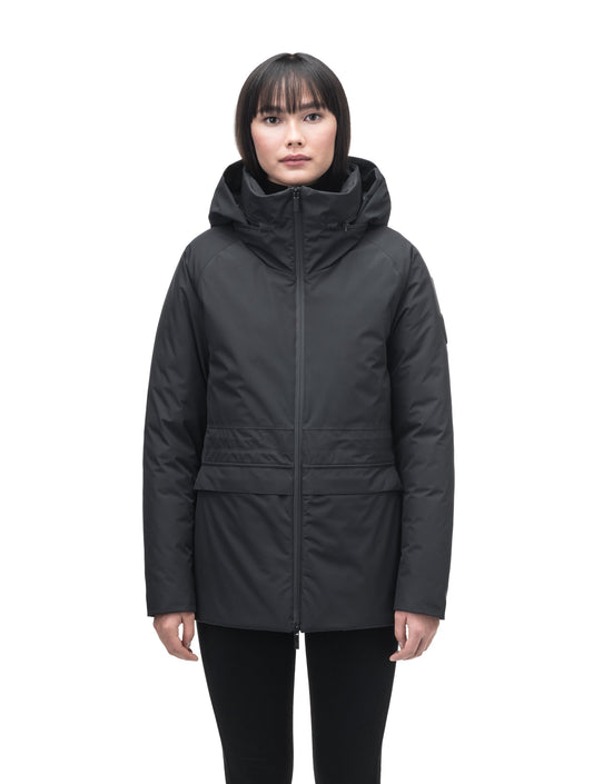 Litho Ladies Short Parka in hip length, Canadian duck down insulation, tuckable waterproof hood, and two-way zipper, in Black + Black
