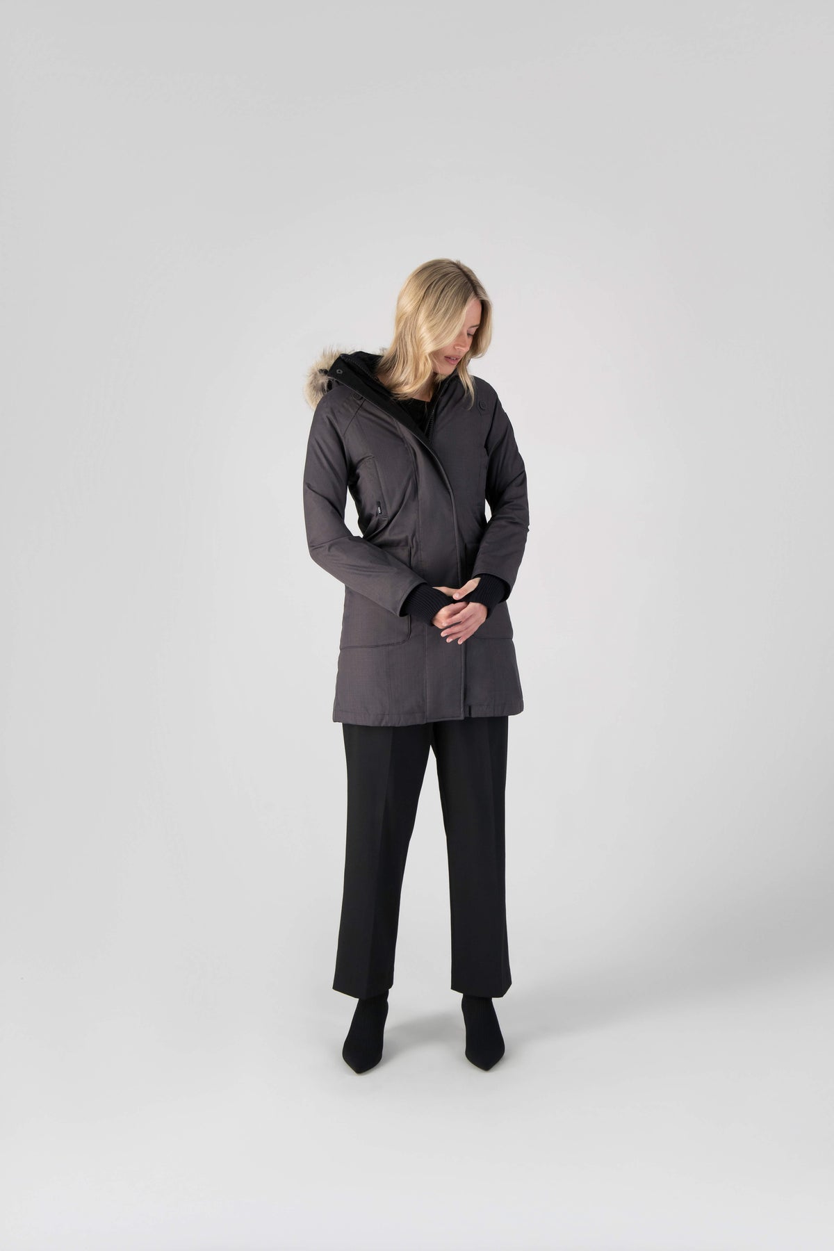 Best selling women's down filled knee length parka with removable down filled hood