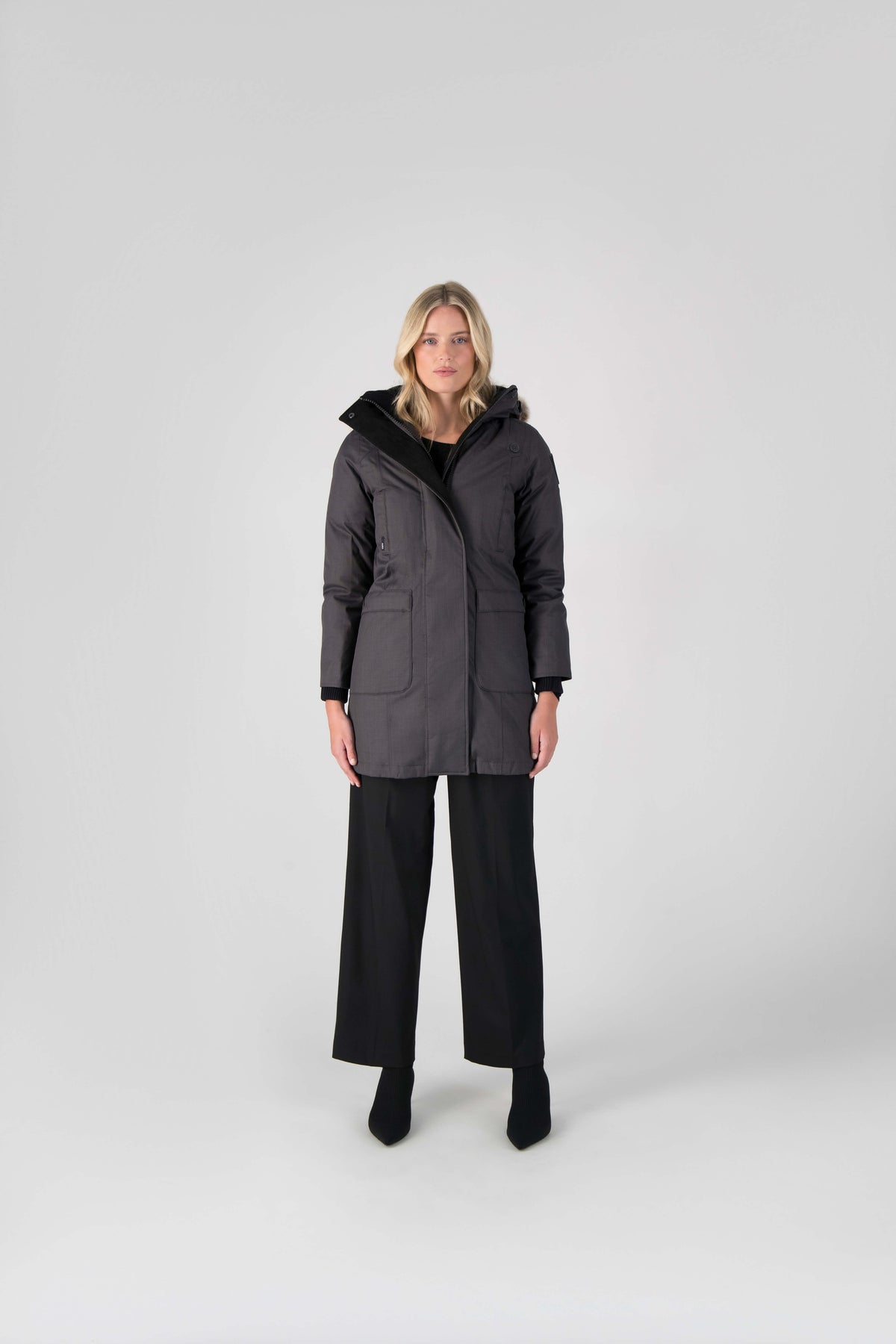 Best selling women's down filled knee length parka with removable down filled hood in Steel Grey