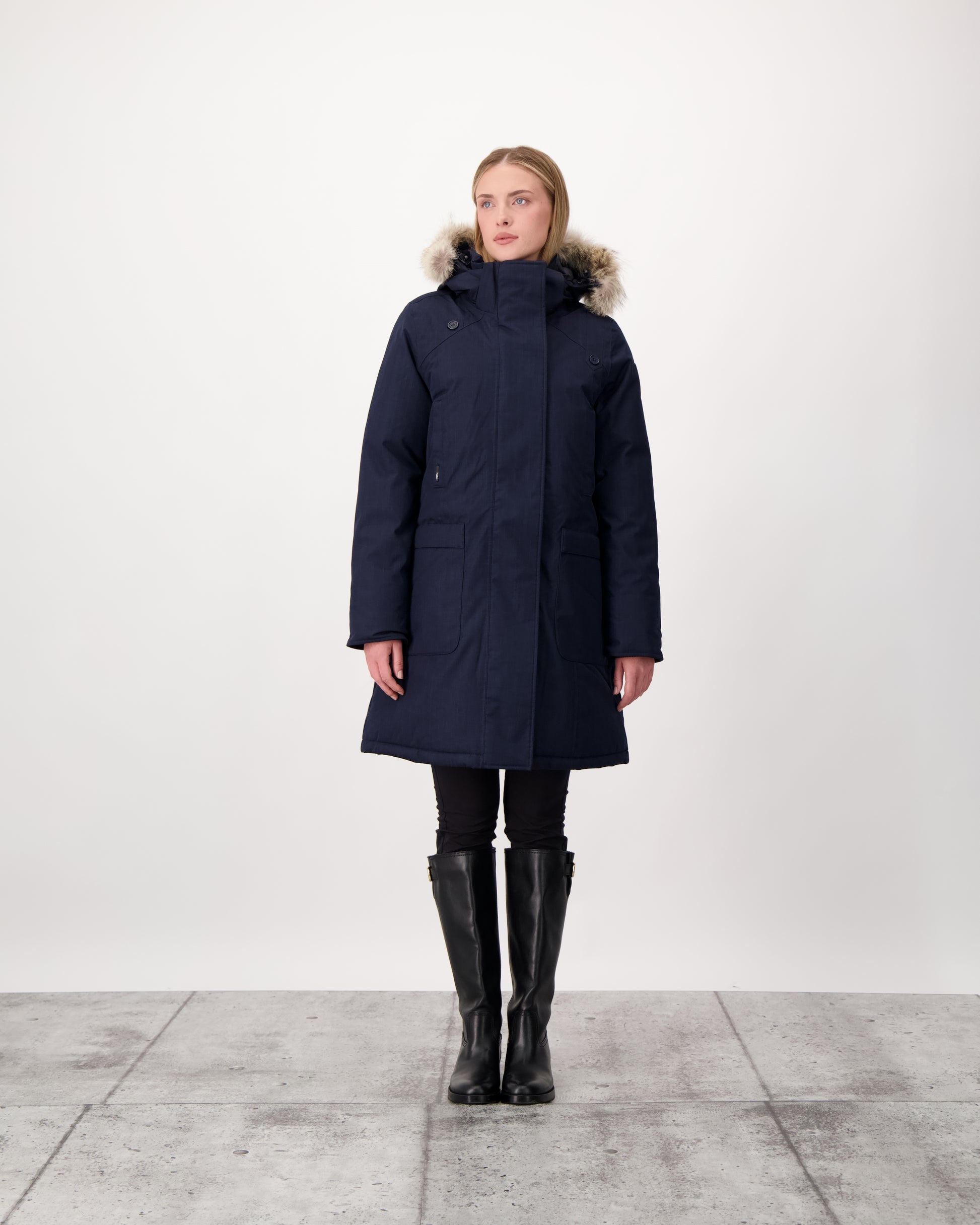 Best selling women's down filled knee length parka with removable down filled hood in CH Navy