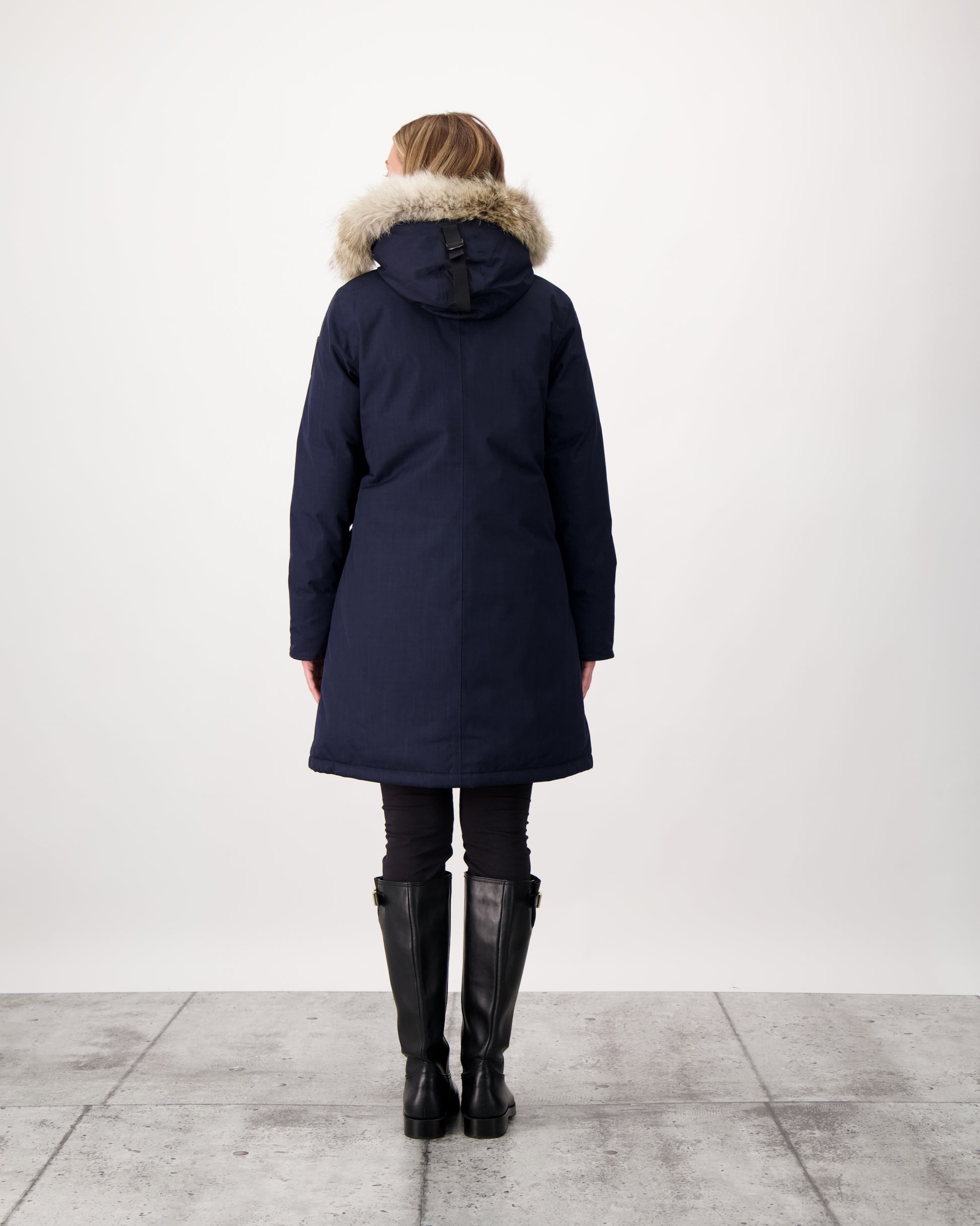 Best selling women's down filled knee length parka with removable down filled hood in CH Navy