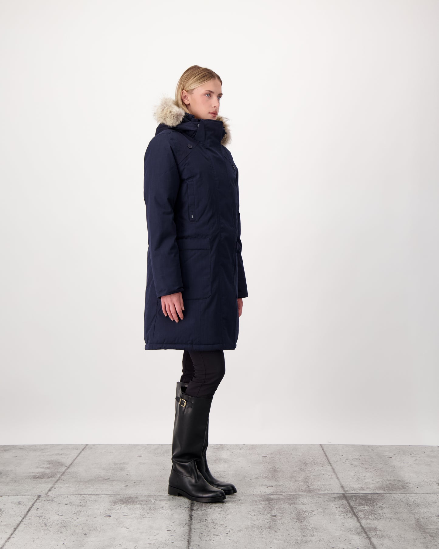 Best selling women's down filled knee length parka with removable down filled hood in CH Navy