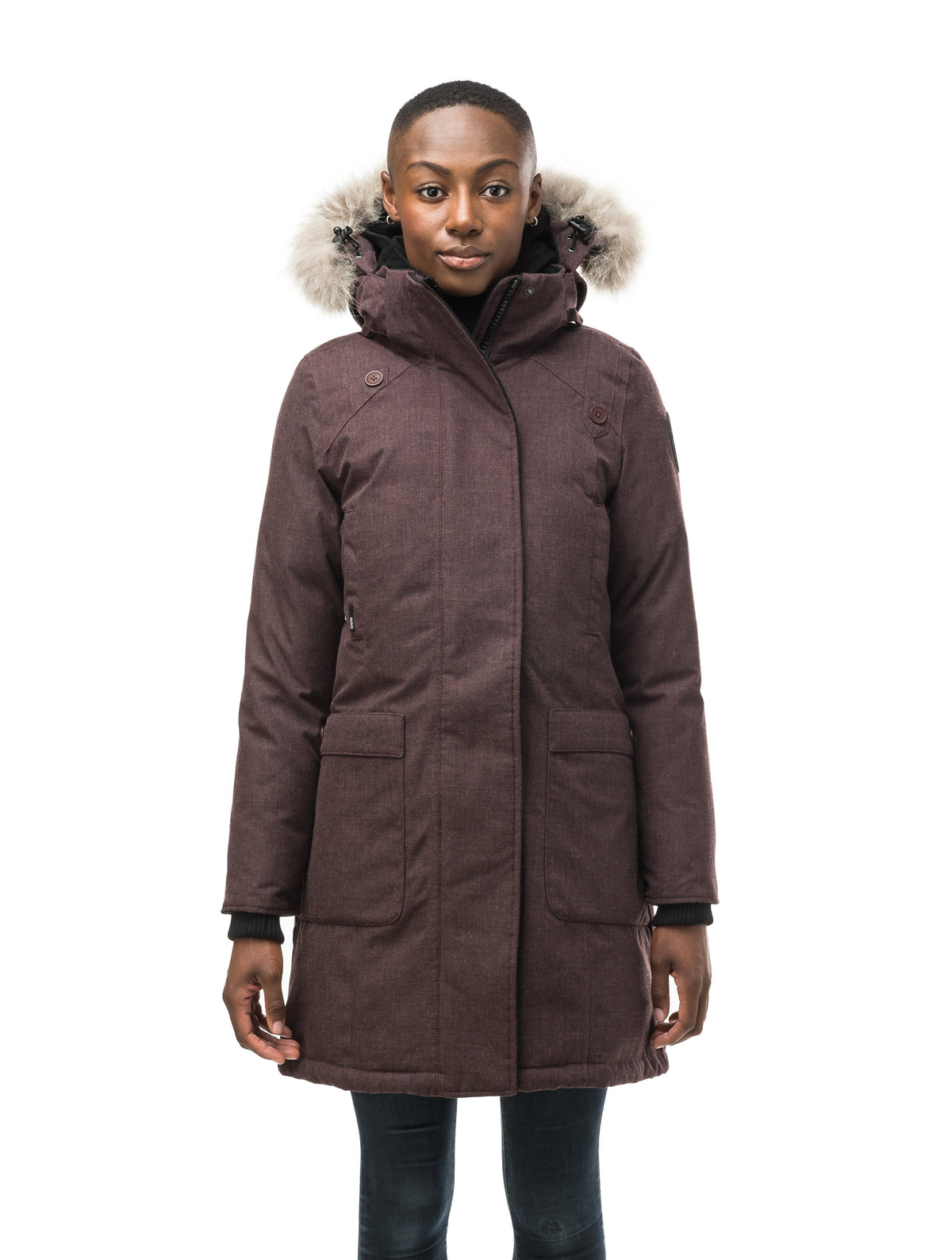 Best selling women's down filled knee length parka with removable down filled hood in Heather Burgundy