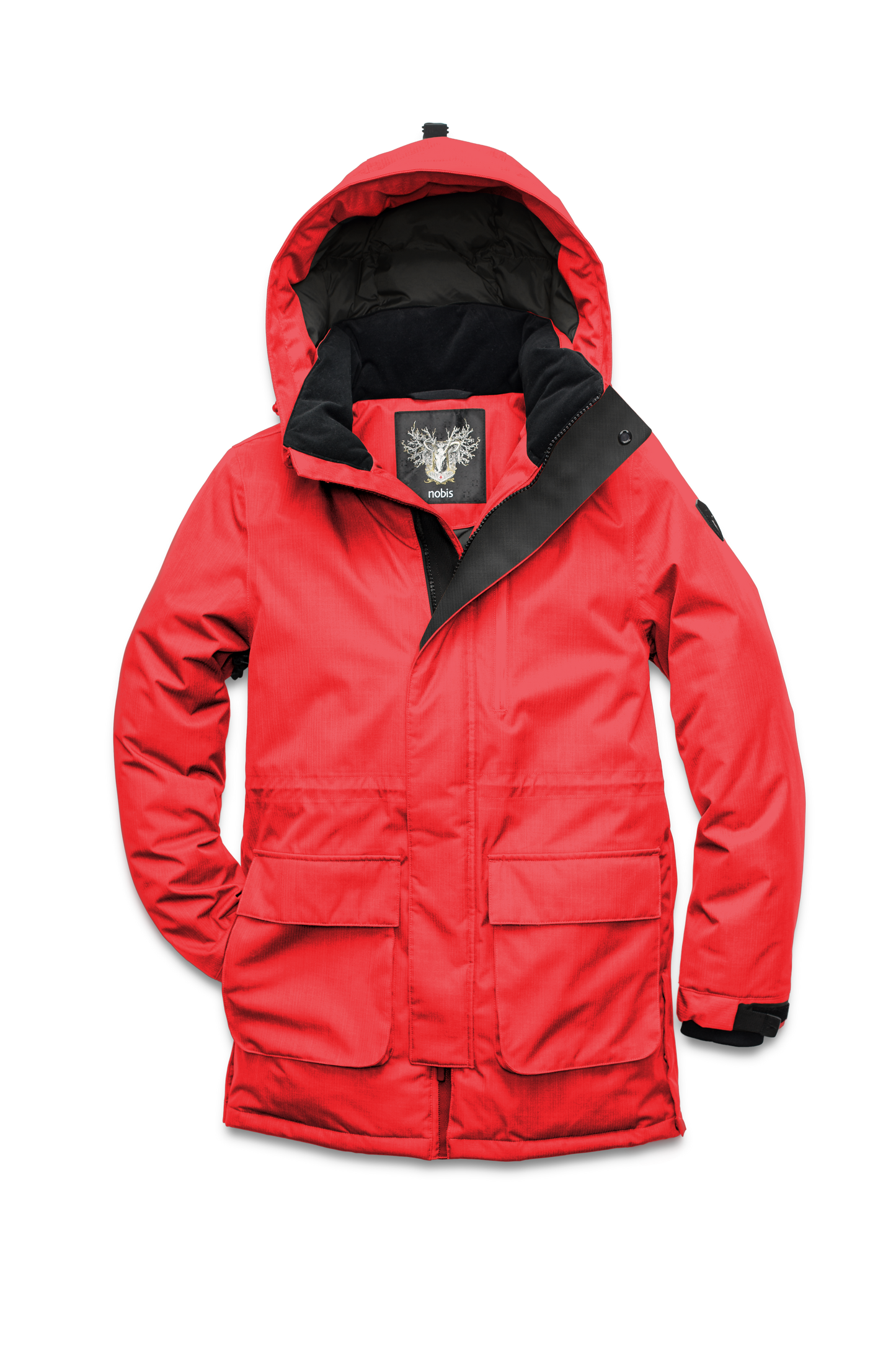 Mid weight men's down filled parka with two patch pockets at the hip and snap closure side vents in Vermillion
