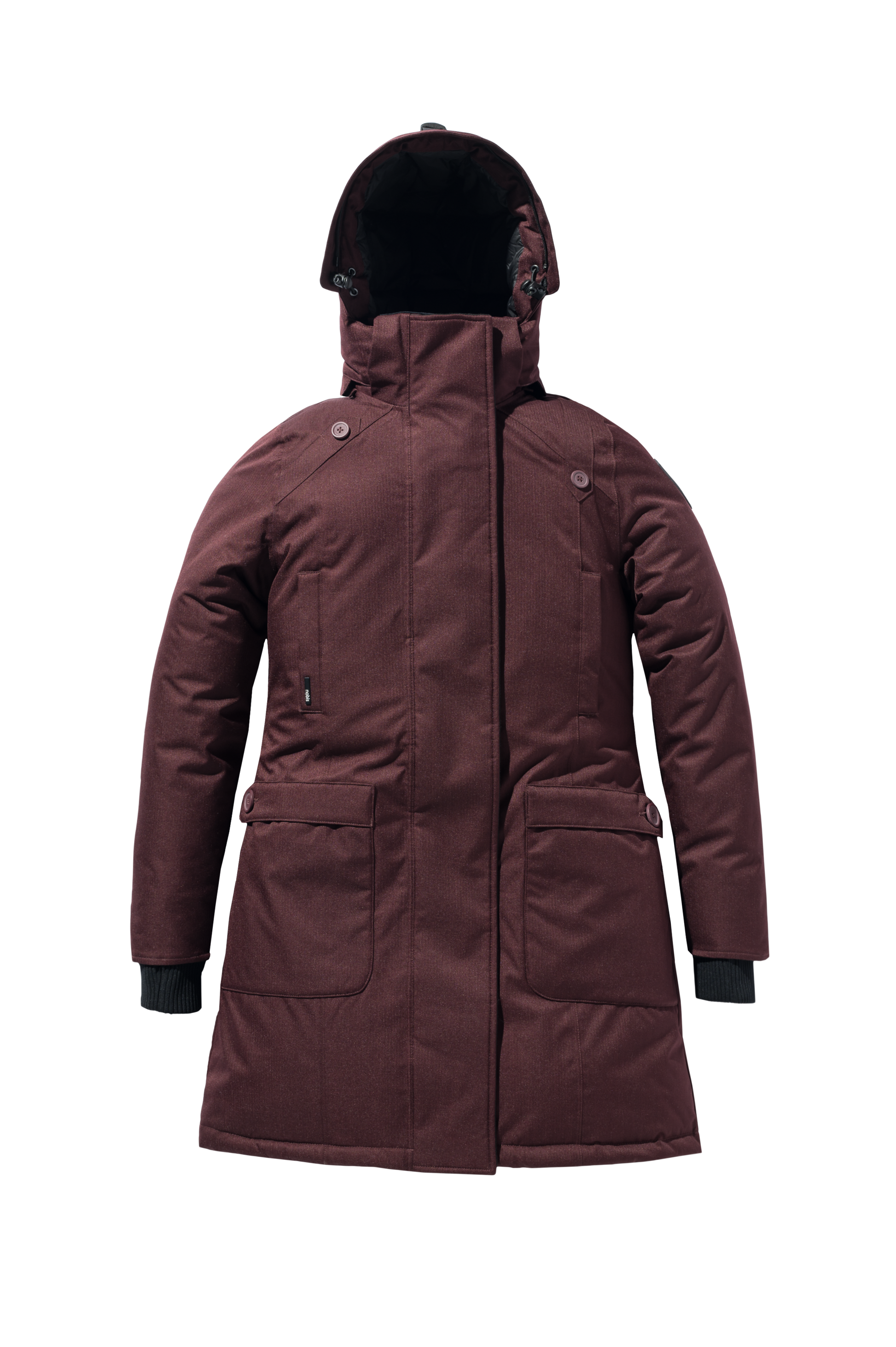 Merideth Furless Ladies Parka in thigh length, Canadian white duck down insulation, removable down-filled hood, centre-front two-way zipper with magnetic wind flap closure, four exterior pockets, and elastic ribbed cuffs, in Merlot