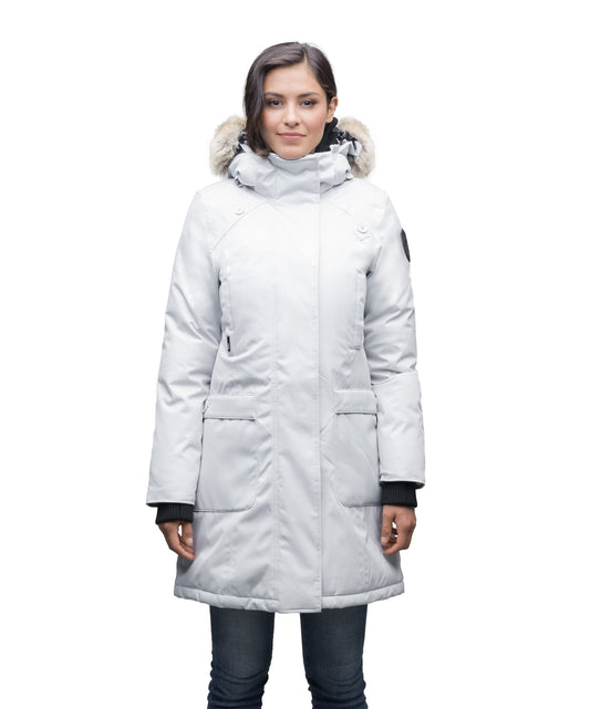 Best selling women's down filled knee length parka with removable down filled hood in Light Grey + Light Grey