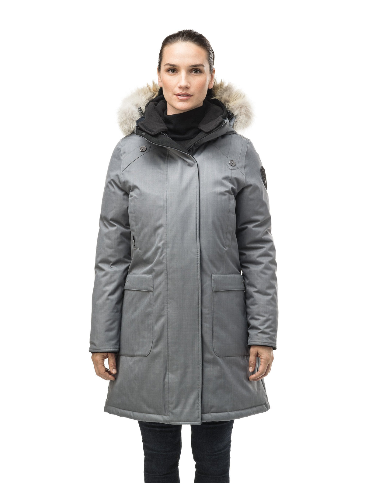 Best selling women's down filled knee length parka with removable down filled hood