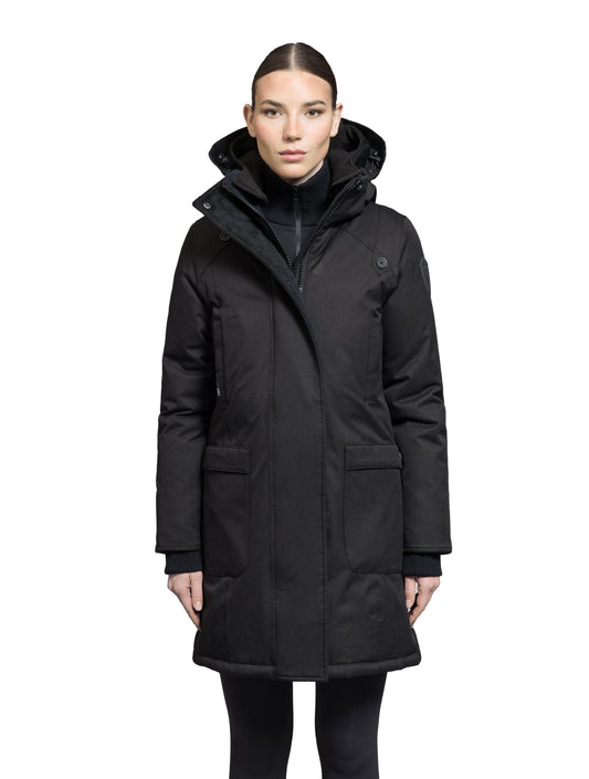Merideth Furless Ladies Parka in thigh length, Canadian white duck down insulation, removable down-filled hood, centre-front two-way zipper with magnetic wind flap closure, four exterior pockets, and elastic ribbed cuffs, in Black