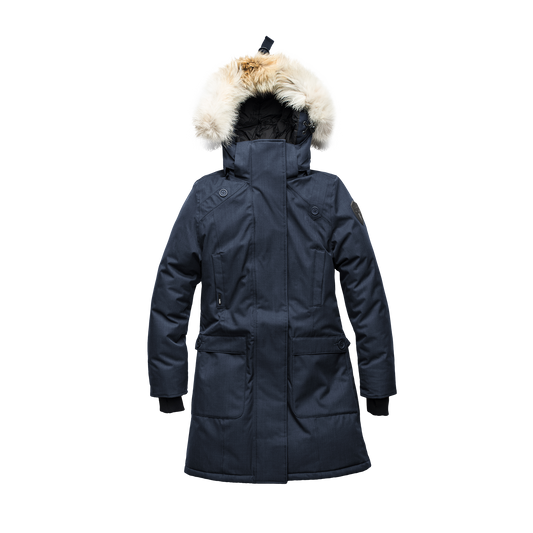Best selling women's down filled knee length parka with removable down filled hood in CH Navy + CH Navy
