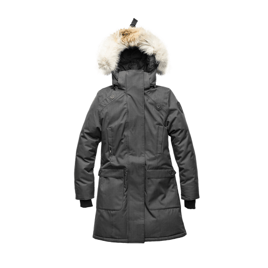 Best selling women's down filled knee length parka with removable down filled hood in CH Steel Grey + CH Steel Grey