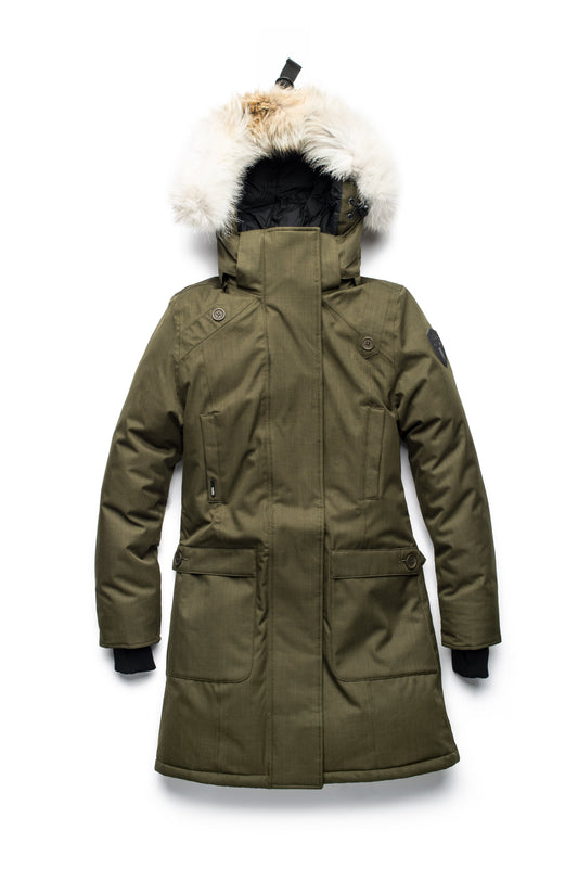 Best selling women's down filled knee length parka with removable down filled hood in Fatigue + Fatigue