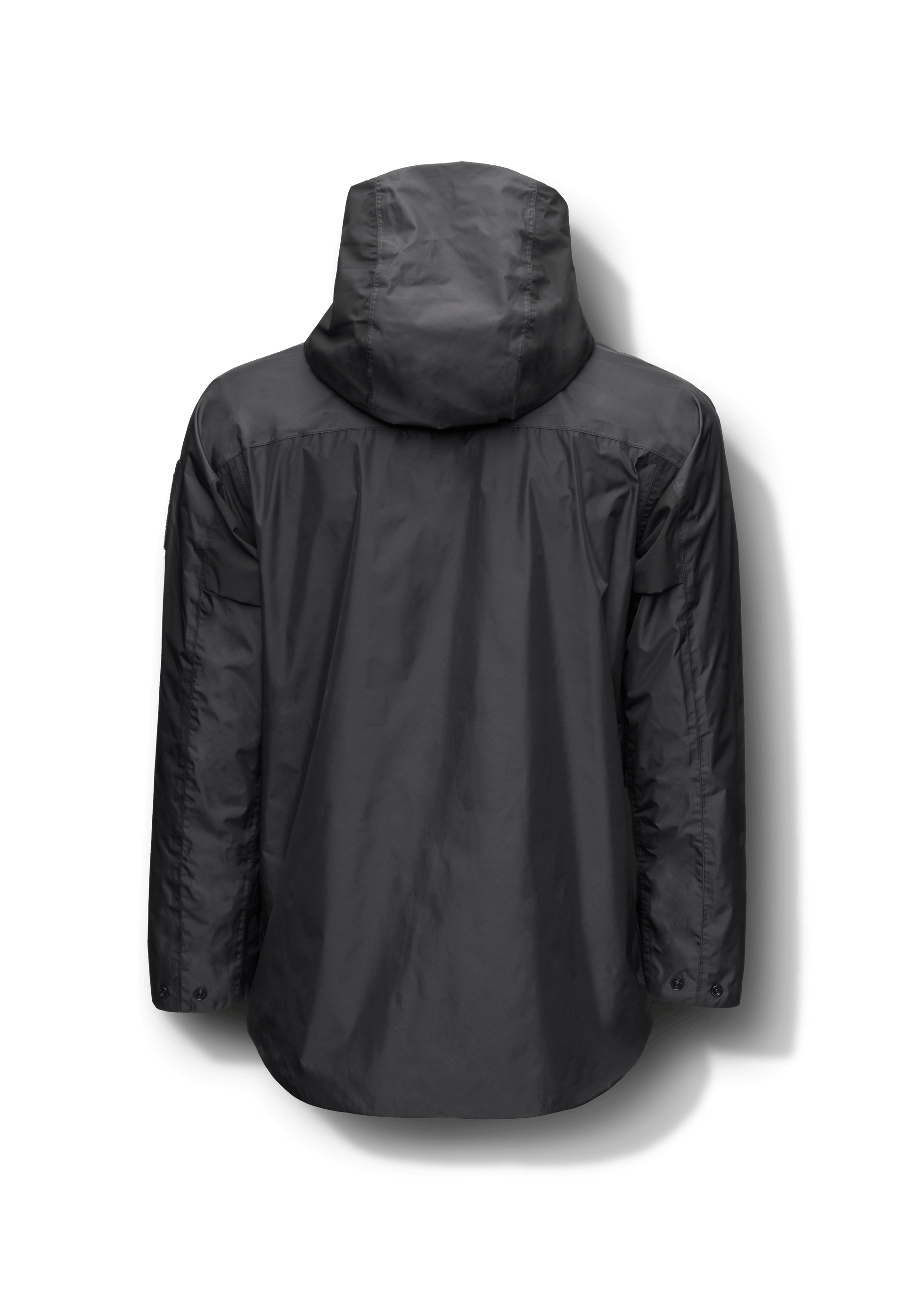 Mission Men's Performance Rain Shell Jacket in hip length, non-removable hood with adjustable toggle, two-way waterproof zipper, flap closure waist pockets with additional side entry storage, zipper ventilation on back, passive underarm ventilation, and breathable mesh lining, in Black