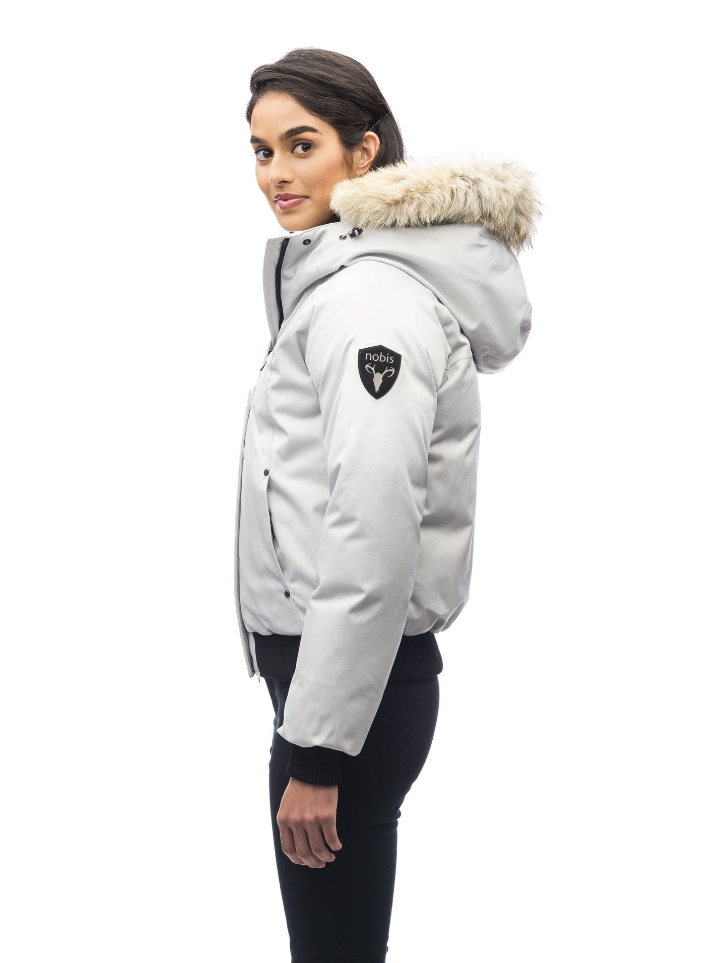 Women's down filled bomber jacket with fur trim hood in CH Black