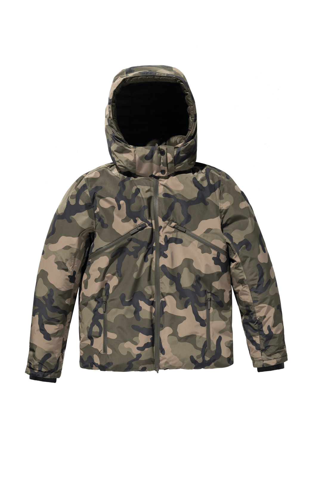 Hip length, reversible men's down filled jacket with removable hood in Camo