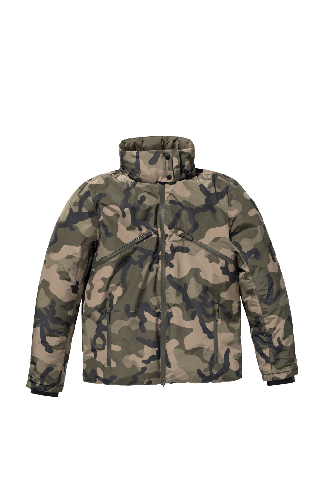 Hip length, reversible men's down filled jacket with removable hood in Camo