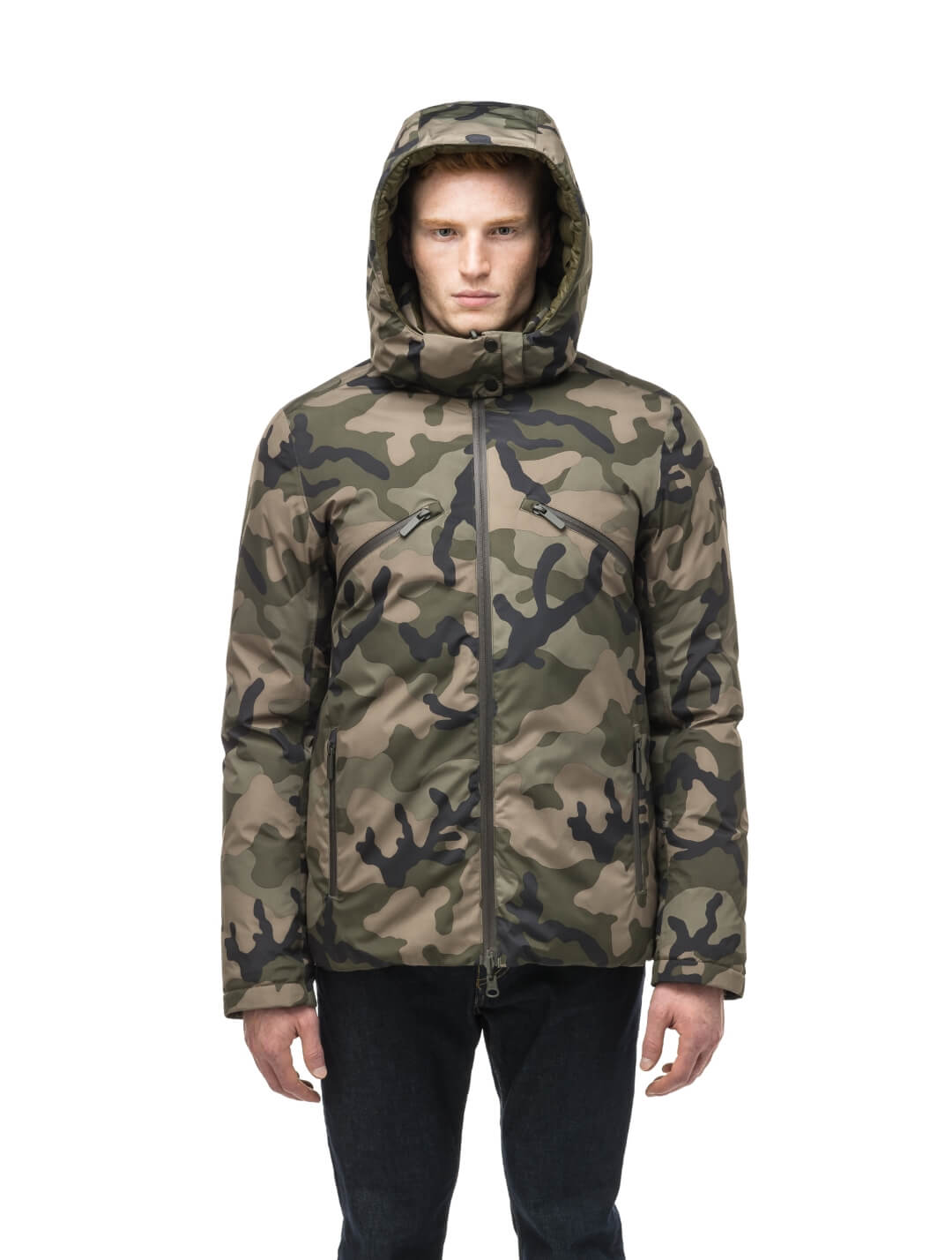 Hip length, reversible men's down filled jacket with removable hood in Camo