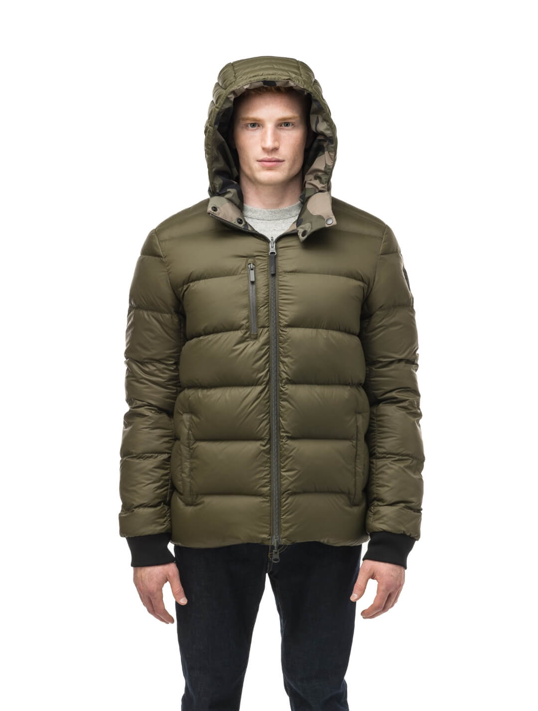 Hip length, reversible men's down filled jacket with removable hood in Camo