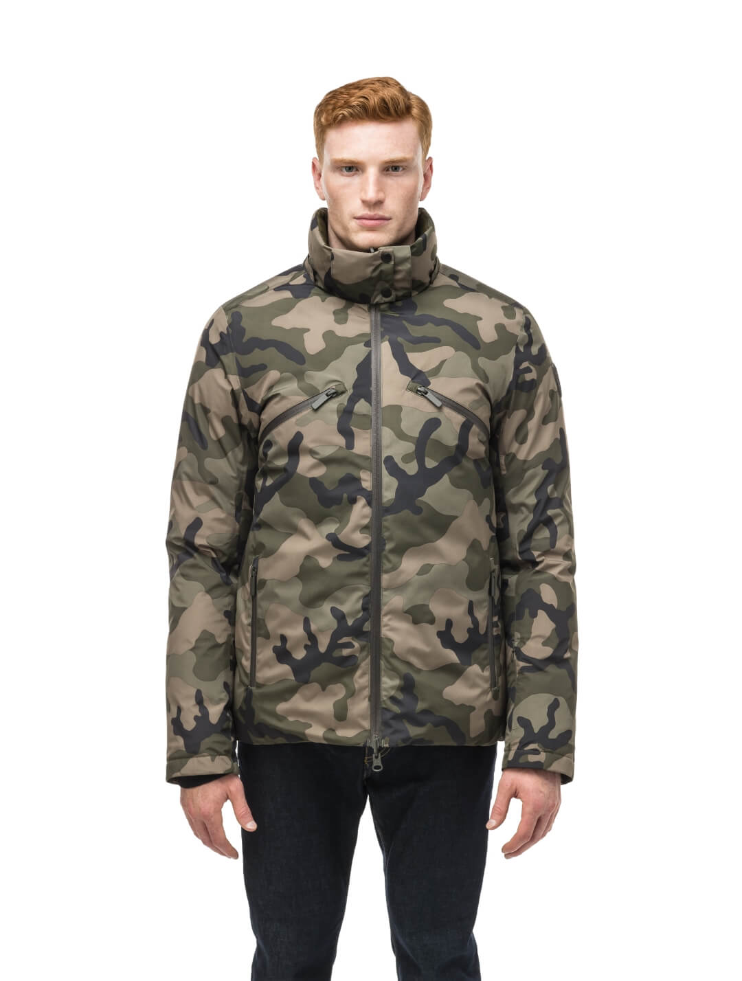 Hip length, reversible men's down filled jacket with removable hood in Camo