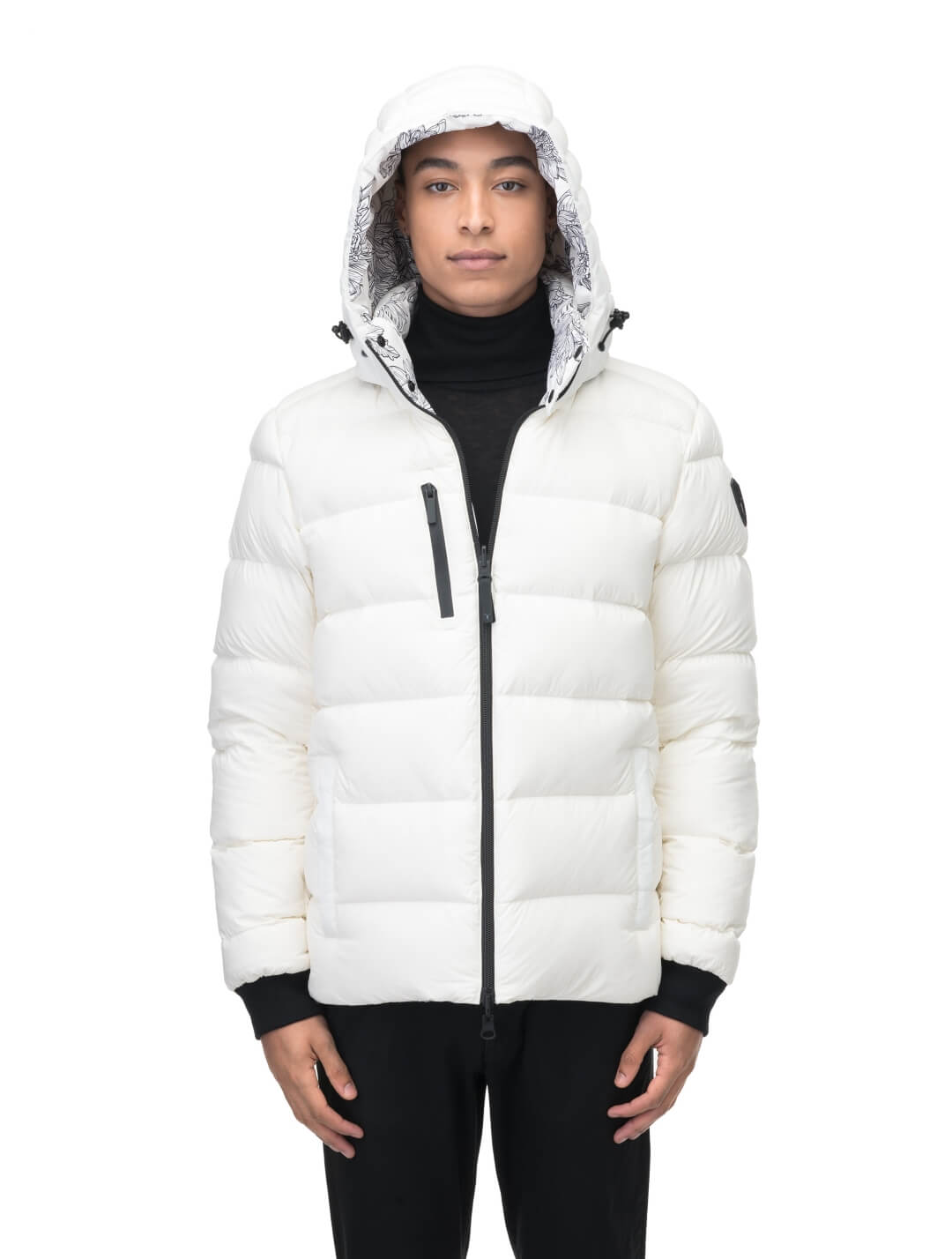 Hip length, reversible men's down filled jacket with removable hood in White Floral Print