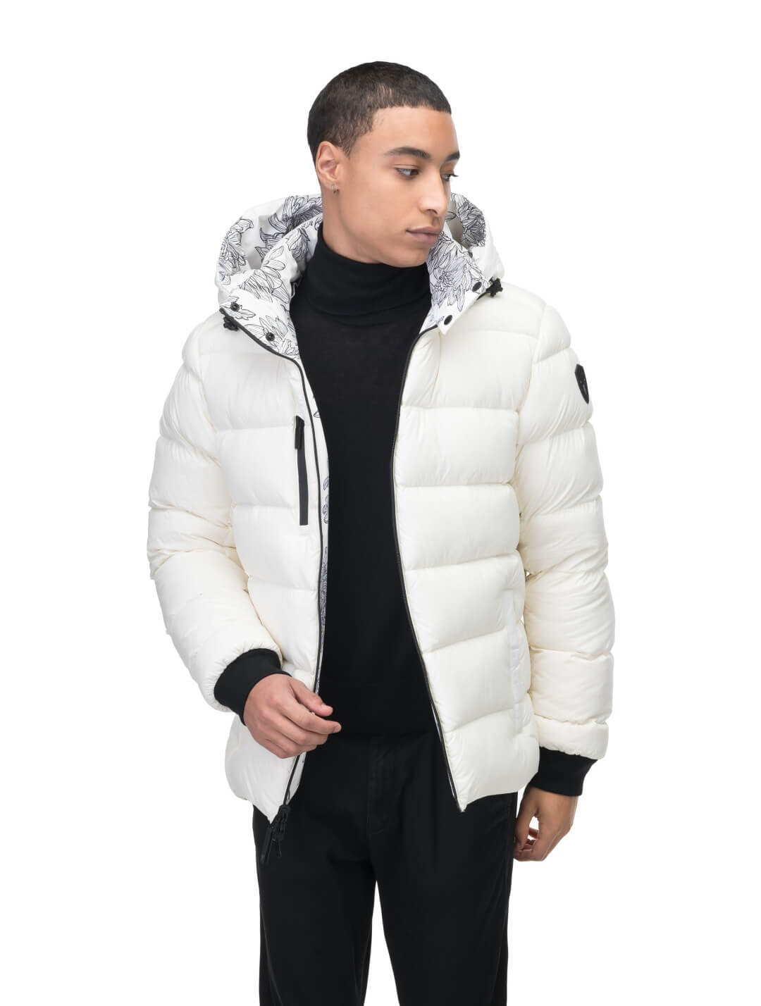 Hip length, reversible men's down filled jacket with removable hood in White Floral Print