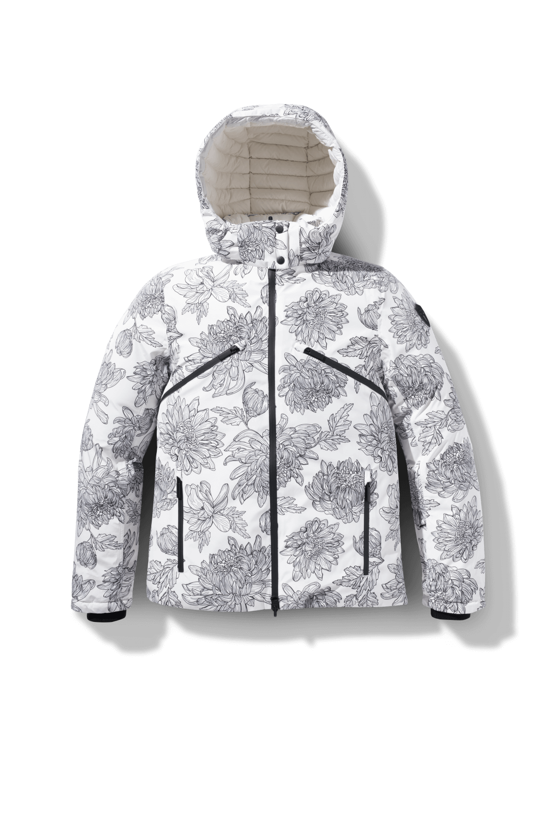 Hip length, reversible men's down filled jacket with removable hood in White Floral Print