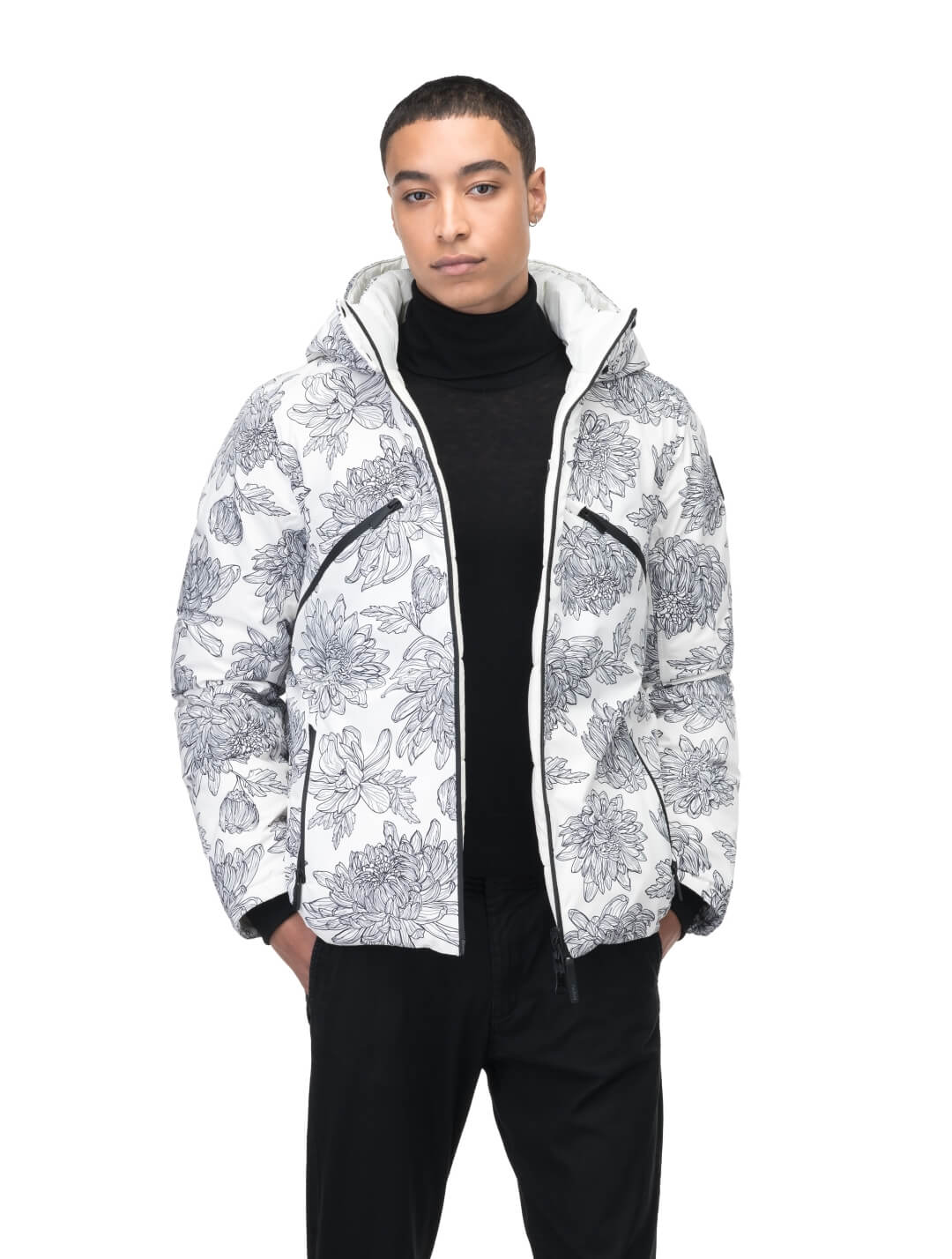 Hip length, reversible men's down filled jacket with removable hood in White Floral Print