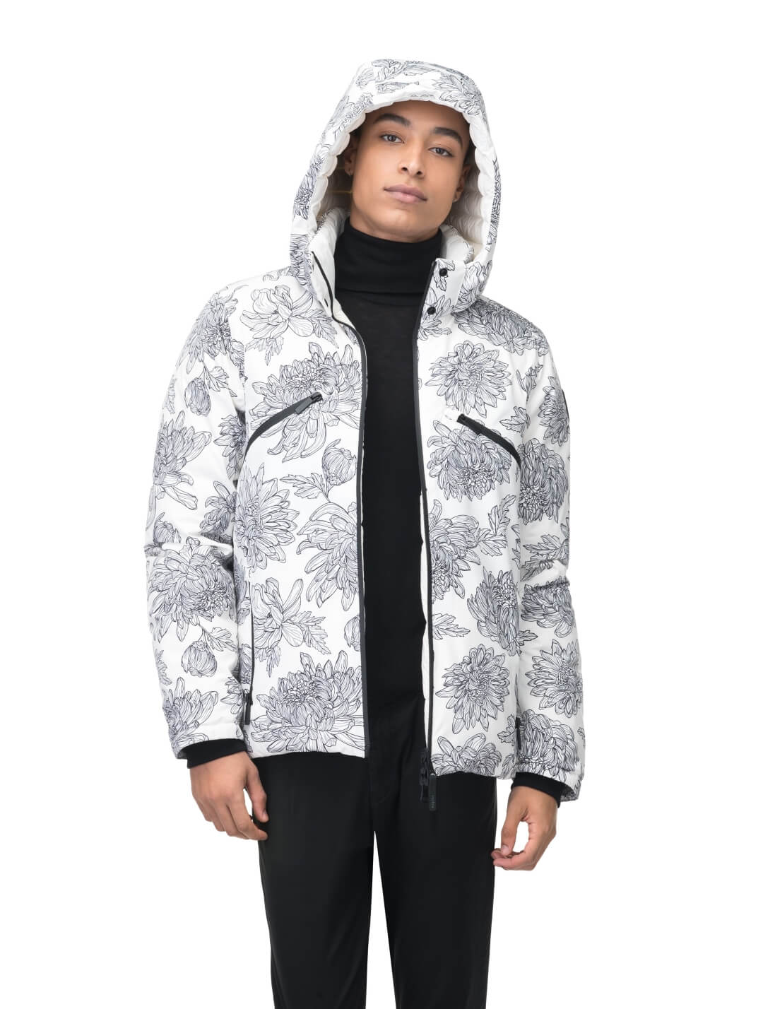 Hip length, reversible men's down filled jacket with removable hood in White Floral Print