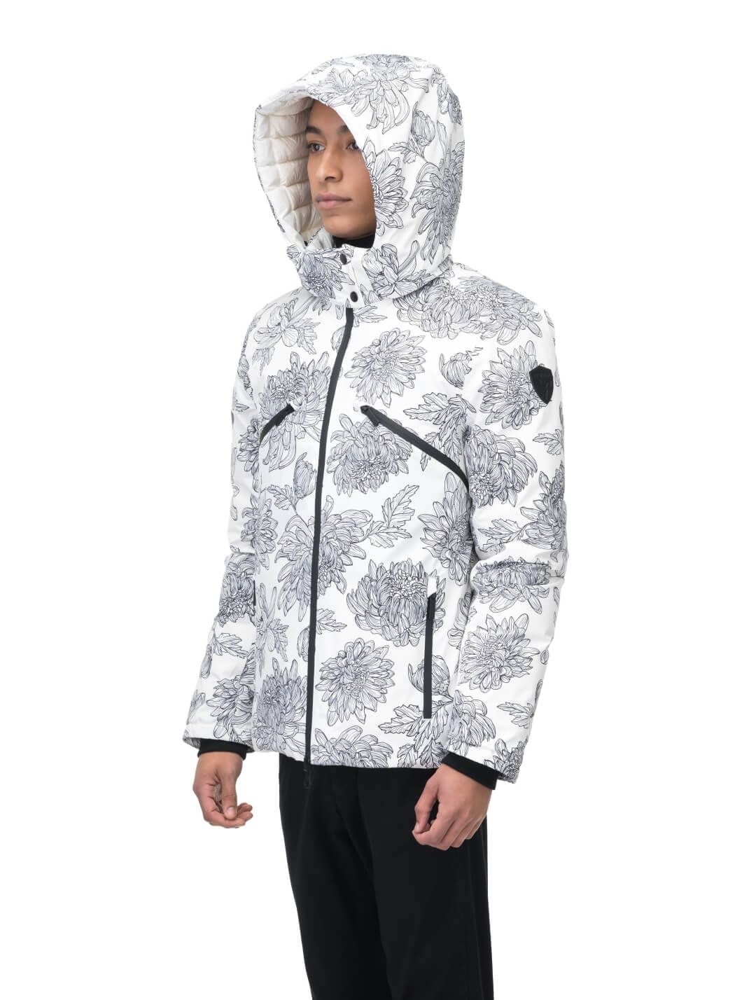 Hip length, reversible men's down filled jacket with removable hood in White Floral Print