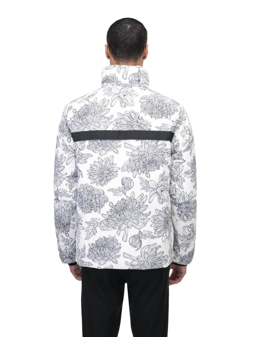 Hip length, reversible men's down filled jacket with removable hood in White Floral Print