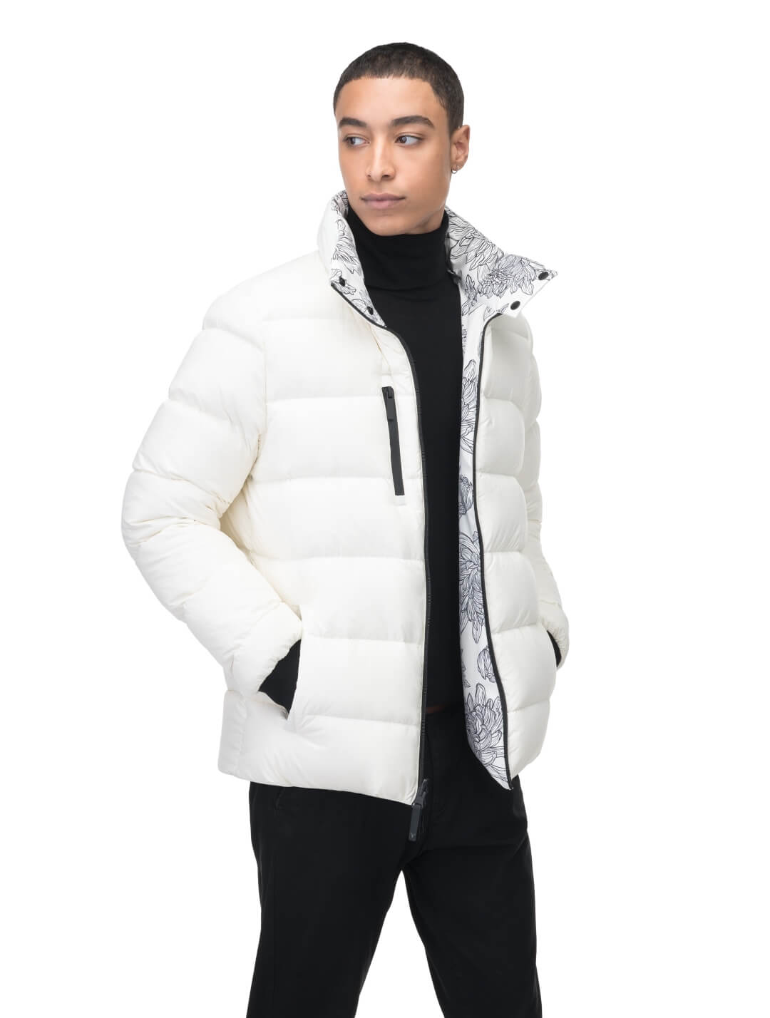 Hip length, reversible men's down filled jacket with removable hood in White Floral Print