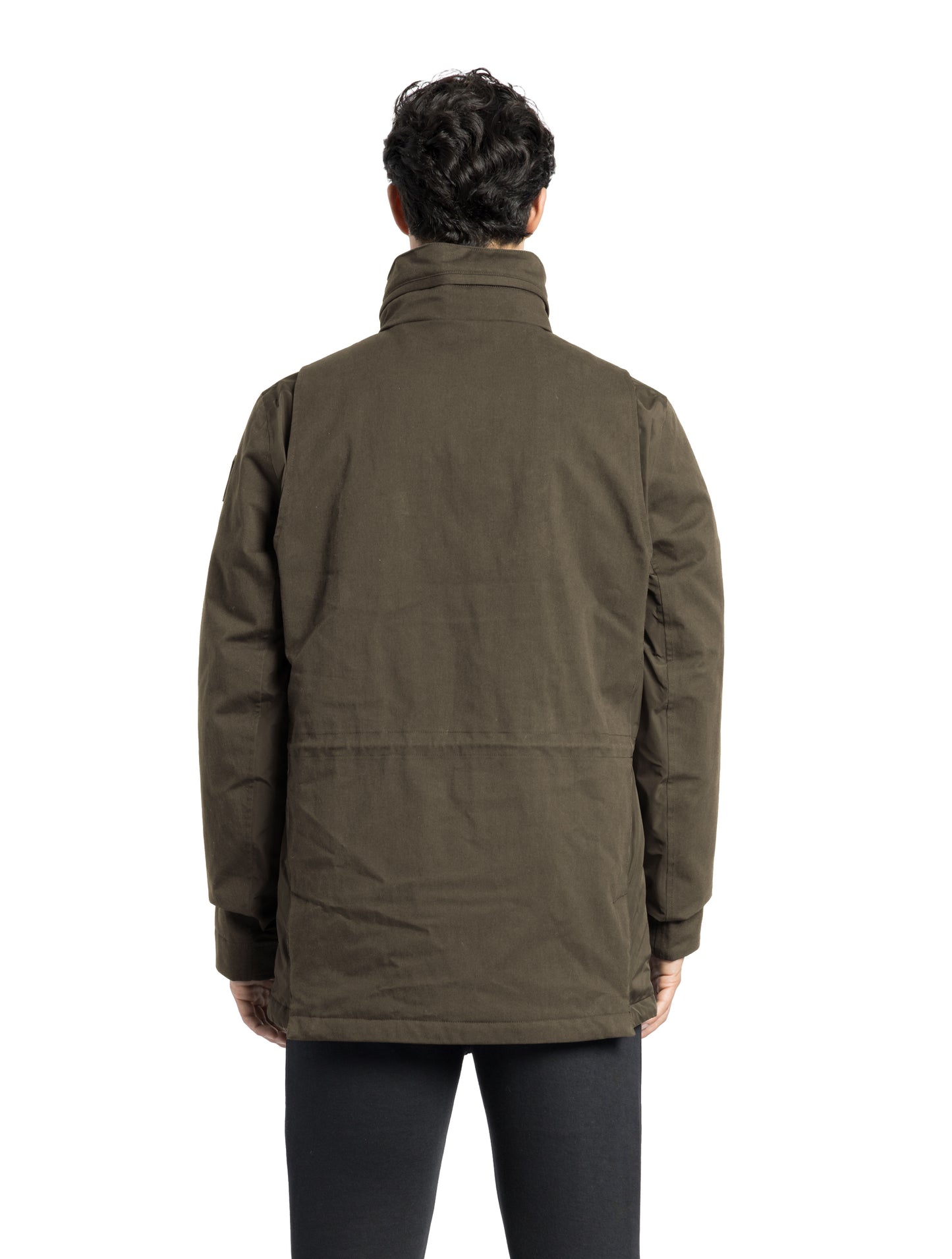 Pelican Men's Tailored Field Jacket in hip length, premium cotton blend and 3-ply micro denier fabrication, Premium Canadian origin White Duck Down insulation, tuck away, waterproof hood in premium cire technical nylon taffeta, two-way centre-front zipper with magnetic wind flap, pit zipper vents, magnetic closure chest and waist flap pockets, hidden adjustable waist drawcord, and action back detailing, in Fatigue