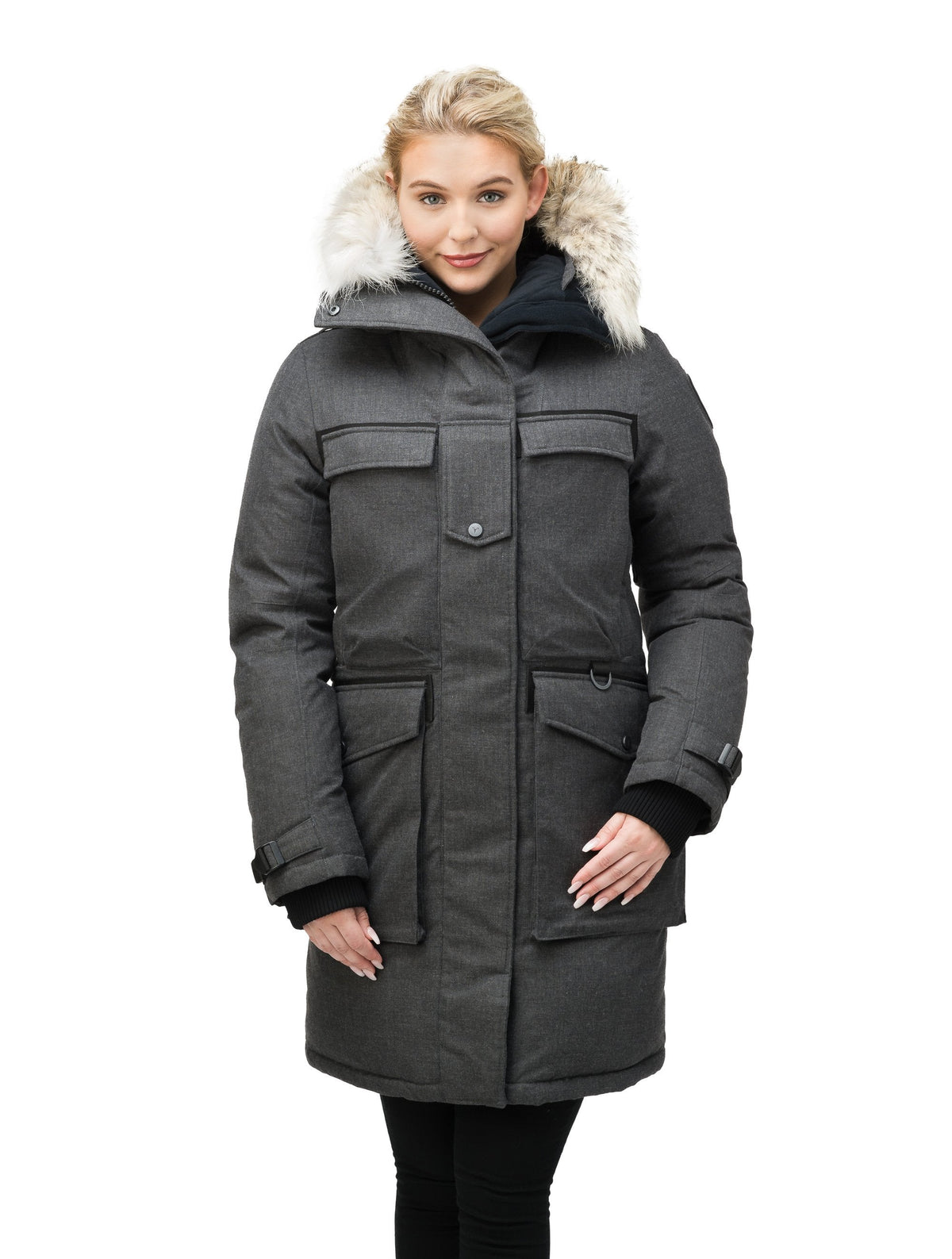 Women's extreme parka with our highest down filling and a removable down filled hood in Heather Charcoal