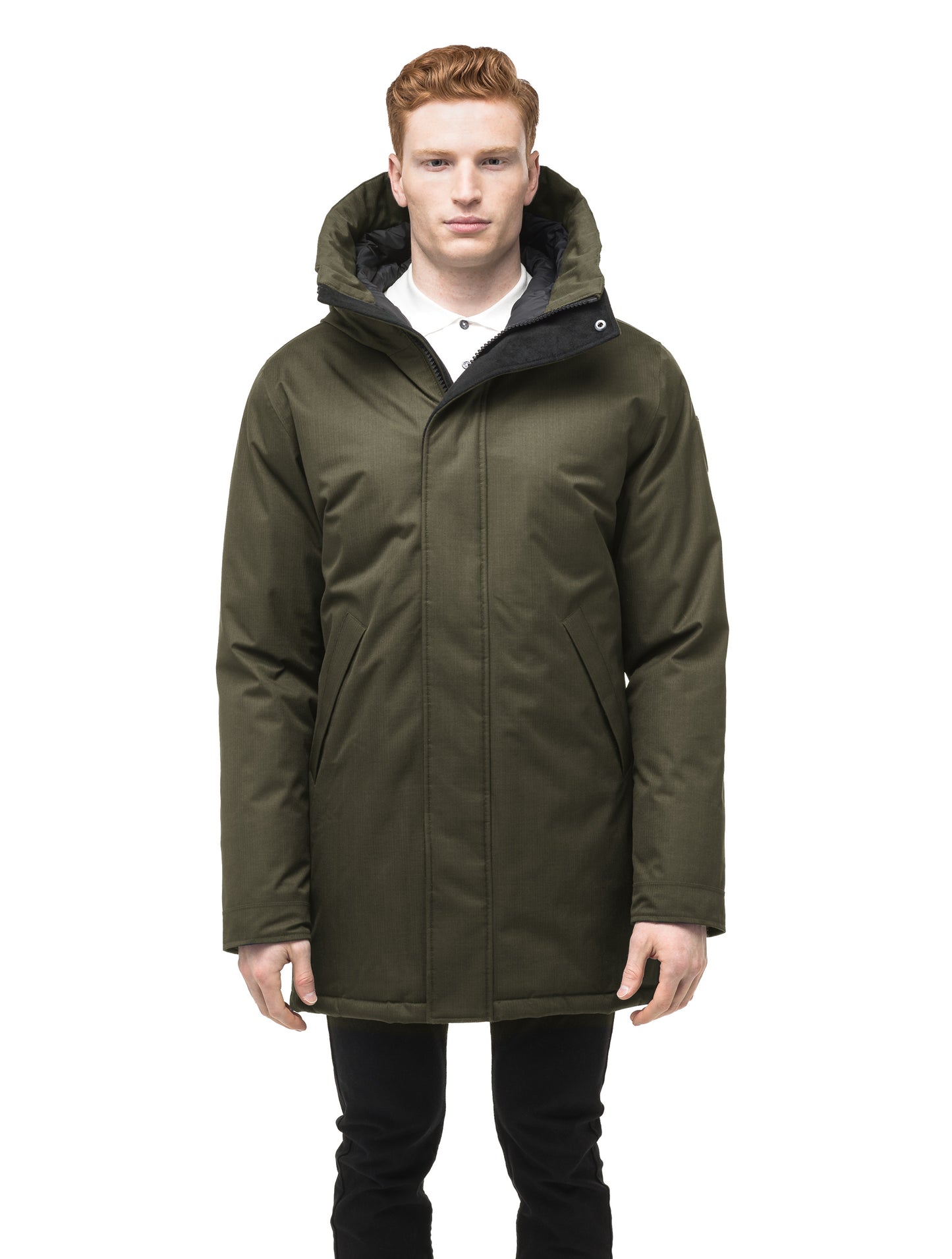 Pierre Men's Jacket in thigh length, Canadian white duck down insulation, non-removable down-filled hood, angled waist pockets, centre-front zipper with wind flap, and elastic ribbed cuffs, in Fatigue