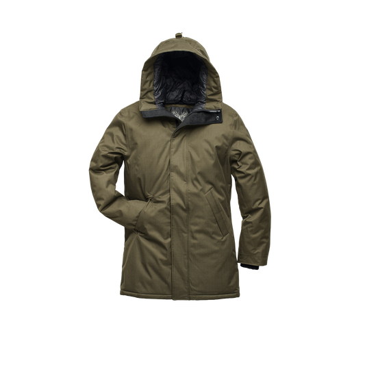Pierre Men's Jacket in thigh length, Canadian white duck down insulation, non-removable down-filled hood, angled waist pockets, centre-front zipper with wind flap, and elastic ribbed cuffs, in CH Fatigue + CH Fatigue