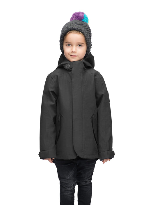 Kids' hip length raincoat with hood in Black + Black