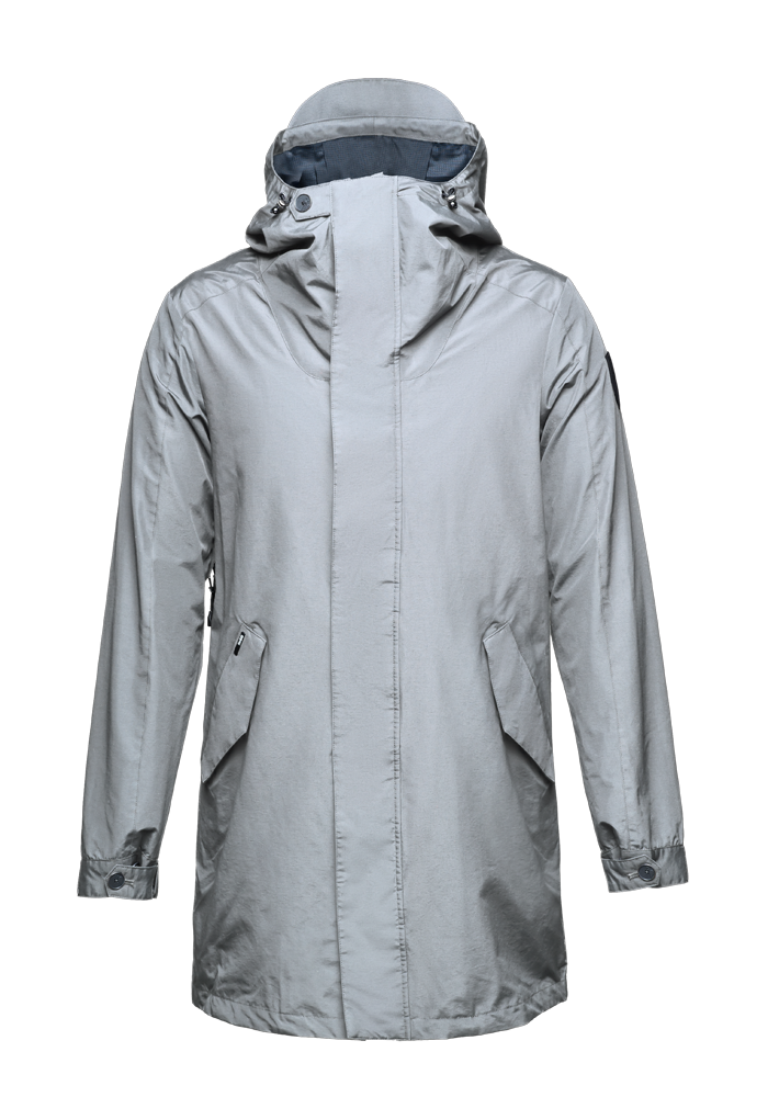 Men's thigh length hooded rain jacket with non-removable hood in Light Grey