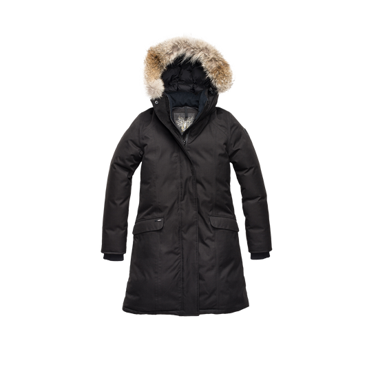 Rebecca Women's Parka in knee length, Canadian duck down insulation, two-way zipper with magnetic front placket, non-removable hood with removable coyote fur trim, in Black + Black