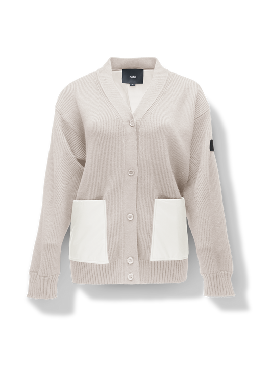 Riga Women's Tailored Button Front Cardigan in thigh length, premium virgin extra fine merino wool knit and stretch ripstop fabrication, Primaloft Gold Insulation Active+, button-front closure, quilted back detailing, front waist pockets, in Wheat + Wheat