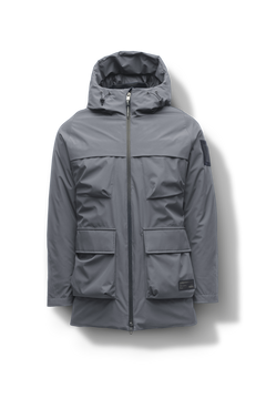 Ronin Men's Performance Utility Jacket in thigh length, premium 3-ply micro denier and stretch ripstop fabrication, Premium Canadian origin White Duck Down insulation, non-removable down-filled hood, bellow chest pockets, magnetic closure waist flap pockets, two-way centre-front zipper, pit zipper vents, hidden adjustable waist drawcord, in Concrete