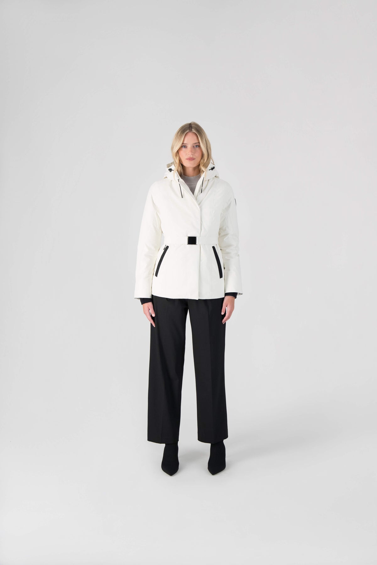 Ladies hip length down-filled parka with non-removable hood and adjustable belt in Chalk