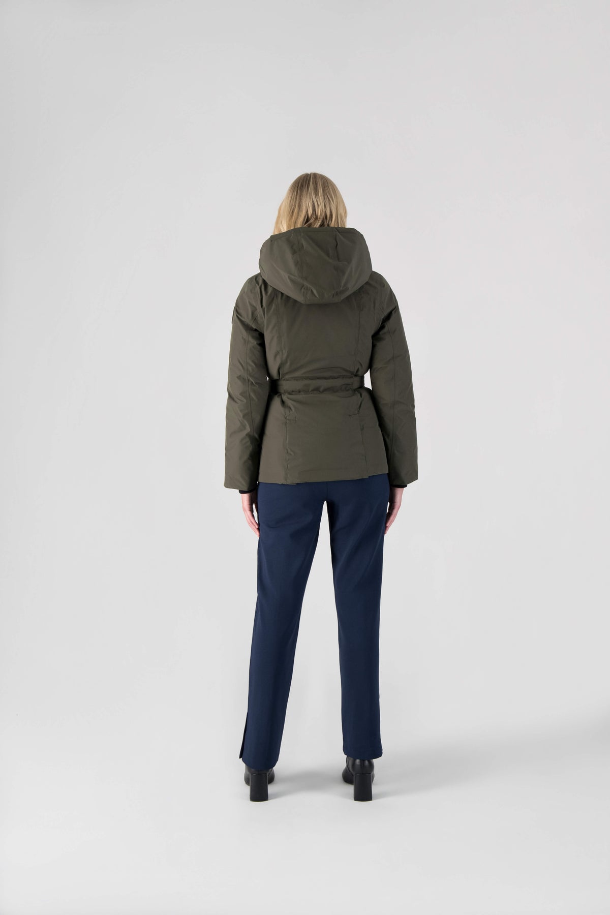 Ladies hip length down-filled parka with non-removable hood and adjustable belt in Fatigue