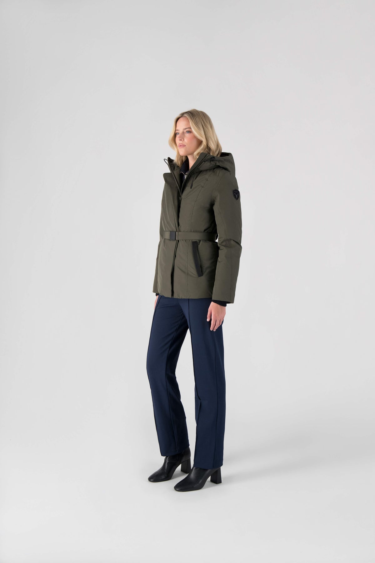 Ladies hip length down-filled parka with non-removable hood and adjustable belt in Fatigue